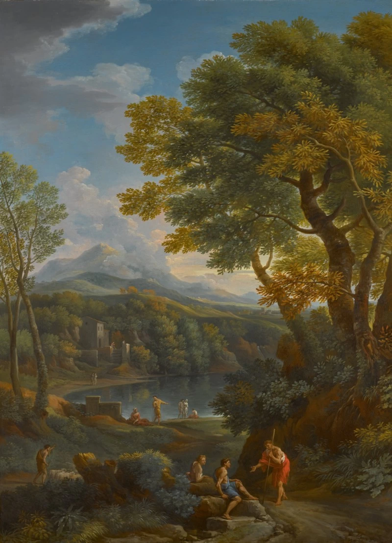 Paesaggio arcadico con figure su un sentiero in primo piano